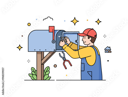 Replacing the mailbox morning maintenance concept where a homeowner attaches a new mailbox door while tiny sparkle and star icons highlight precision, care,