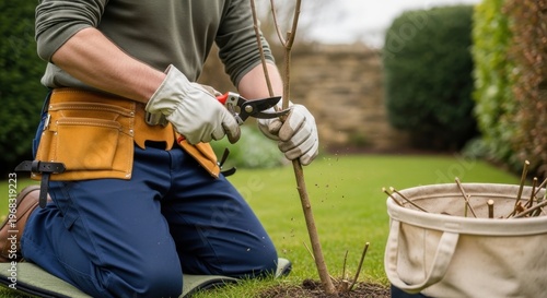 Gardener planting young shrub in residential backyard with professional tools and gloves