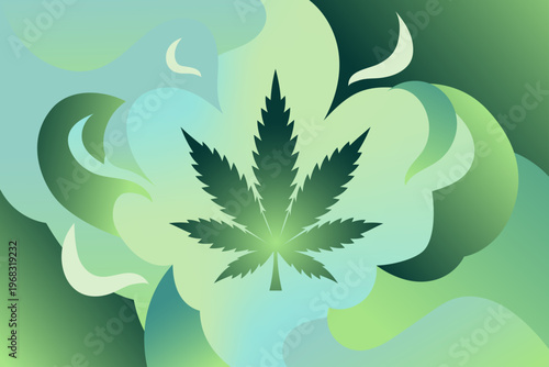 Minimal cannabis leaf background with soft green abstract smoke shapes and organic flowing	
