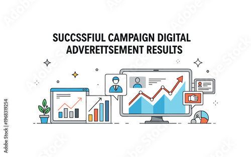 Successful campaign digital advertisement results scene where charts show increased engagement while tiny sparkle and star icons highlight measurable success,