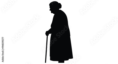 Elderly woman walking with a cane a striking black silhouette
