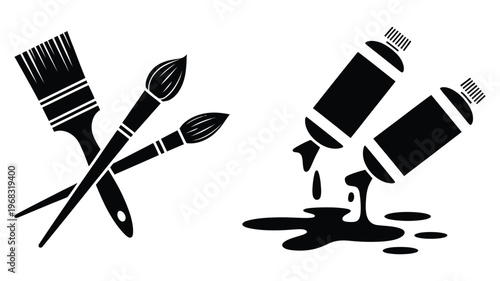 Painting or art drawing silhouette design bundle, collection of brush, paint tube, canvas, and color palette icons, black and white hand drawn