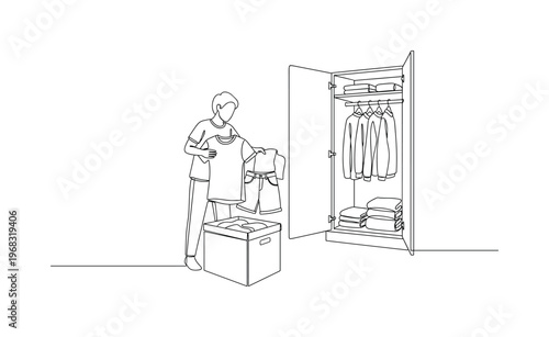 Seasonal Clothes Swap. Minimalistic one-line drawing person removing summer garments from closet and storing them, continuous single black line on white