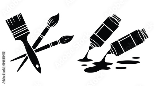 Painting or art drawing silhouette design bundle, set of artwork logo icons including brush, paint tube, color palette, and canvas