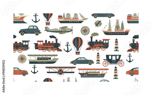 retro vehicles patterns seamless pattern, repeating pattern, surface design, textile print, modern illustration of classic cars, biplanes, ships, steam