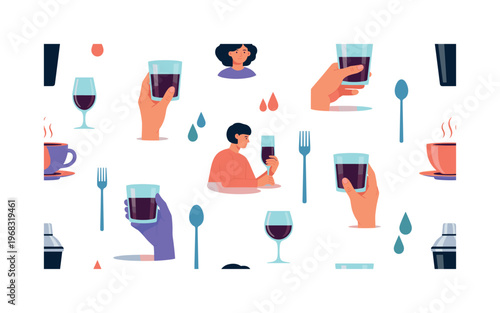 introspective icons seamless pattern, repeating pattern, surface design, textile print, modern illustration of hands holding glasses, reflections, people