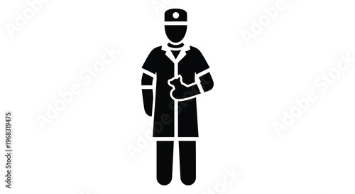 A simple black silhouette of a man in a cap and jacket silhouette