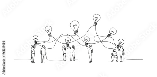 Collaborative Innovation. Minimalistic one-line drawing group of people connecting lightbulbs with lines, continuous single black line on white background,