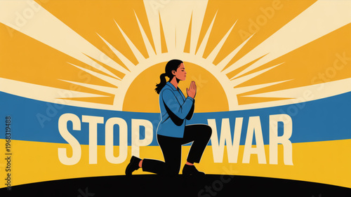 Woman kneeling in prayer with hands together stop war message sunrise background symbolizing peace and hope for a better future with calmness
