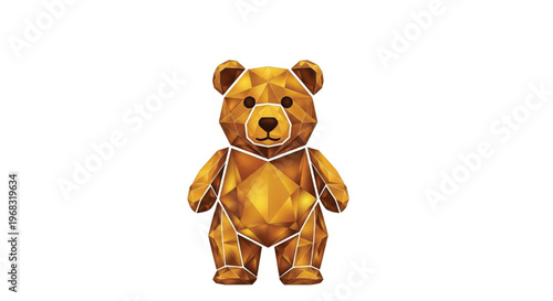 This modern 3D illustration features a standing teddy bear rendered in a vibrant golden low-poly geometric style. The crystalline facets and sharp white outlines give the bear a precious, jewel-like.