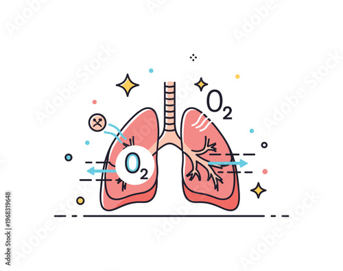 Lungs breathing air yoga class concept where participants practice pranayama while small sparkle and line icons emphasize controlled inhalation, wellness, and