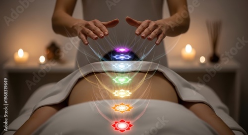 Energy healer performing reiki on patient with colorful chakra lights
