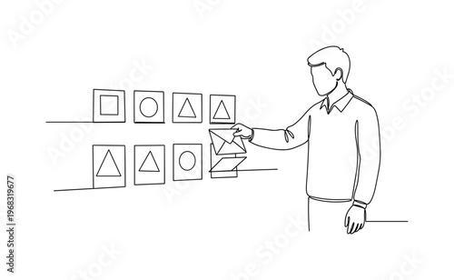 Sorting Envelopes. Minimalistic one-line drawing person placing envelopes into clearly marked slots, continuous single black line on white background, simple