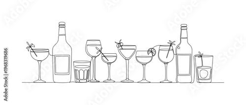 Party Beverages. Minimalistic one-line drawing cocktail glasses and bottles arranged for social gathering, continuous single black line on white background,