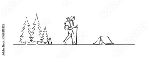 Trail Exploration. Minimalistic one-line drawing hiker walking with backpack and trekking stick past forested area and tent, continuous single black line on