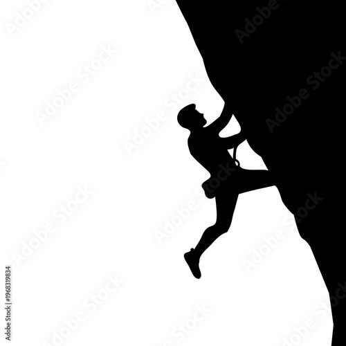 Black silhouette vector illustration of male rock climber ascending steep cliff, wearing harness and shoes, dynamic action pose on white background