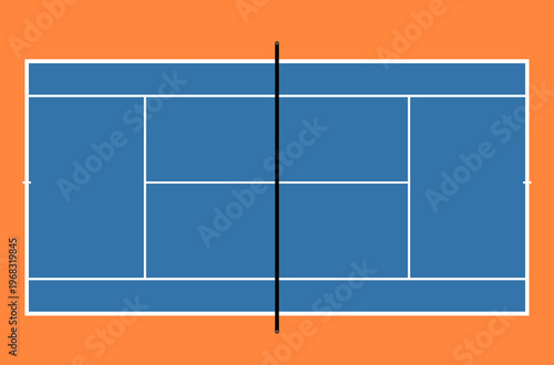 Vector illustration of a tennis court with blue surface, white lines, central net post, and orange outer boundaries on transparent background