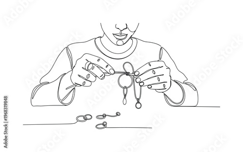 Wire Jewelry Design. Minimalistic one-line drawing person bending wire to form rings or pendants, continuous single black line on white background, simple