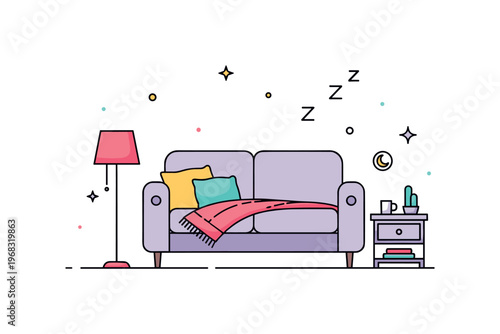 Quiet apartment afternoon nap concept where a sofa and blanket invite rest while tiny sparkle and star icons highlight comfort, relaxation, and peaceful home