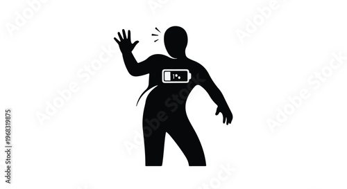 man silhouette with smartphone on stomach waving hand