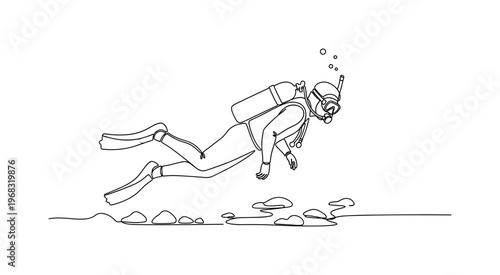 Ocean Floor Survey. Minimalistic one-line drawing scuba diver examining sea floor, continuous single black line on white background, simple outline style, no