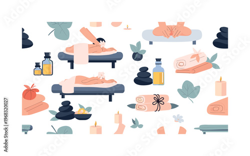 wellness icons seamless pattern, repeating pattern, surface design, textile print, modern illustration of massage therapy, hands performing massage, essential