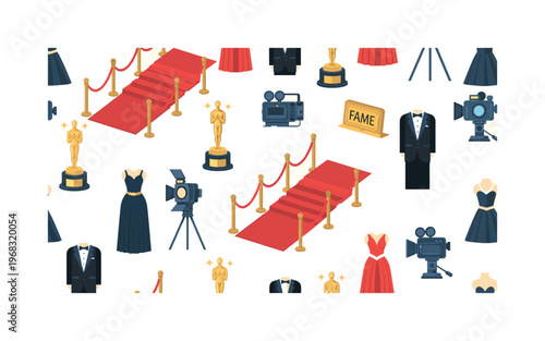 fame motifs seamless pattern, repeating pattern, surface design, textile print, modern illustration of red carpets, celebrities, cameras, spotlights, gowns,