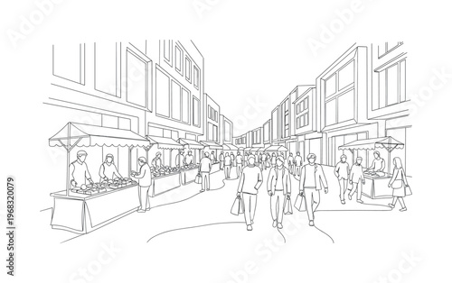 Pedestrian Zone Market. Minimalistic one-line drawing shoppers walking among street vendors and modern storefronts, continuous single black line on white