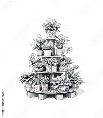 tiered plant stand circular grids abstract blocks and thin spiral icons detailed monochrome multi-level plant display with succulents, ferns, and flowers with