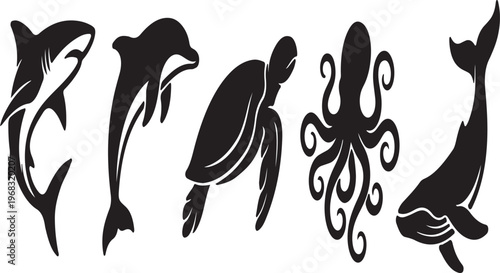 Black silhouettes of sea creatures on white background