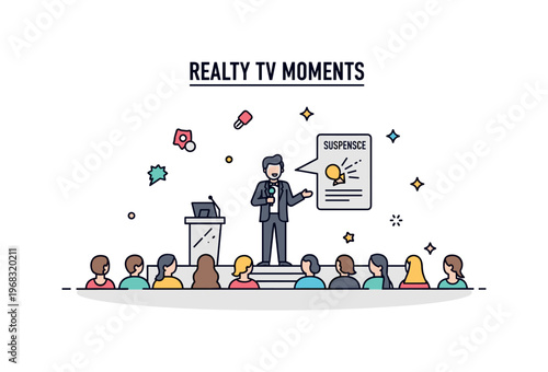 Reality TV moments on-stage announcement concept where a host presents results to the crowd while tiny sparkle and star icons highlight suspense, performance,