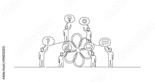 Shared Innovation Hub. Minimalistic one-line drawing individuals placing thoughts onto central concept, continuous single black line on white background,