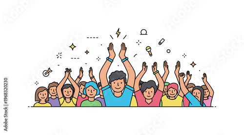 Dance festival interactive audience scene where festival-goers clap and cheer while tiny sparkle and line icons highlight participation, excitement, and