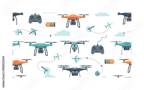 unmanned patterns seamless pattern, repeating pattern, surface design, textile print, modern illustration of drones, quadcopters, camera drones, delivery