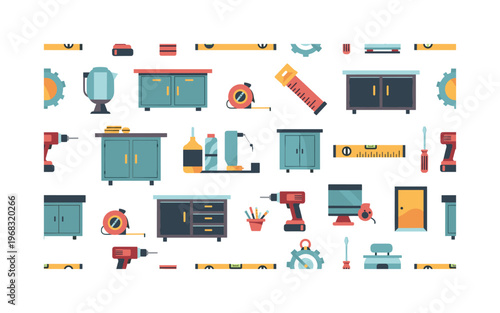 renovation motifs seamless pattern, repeating pattern, surface design, textile print, modern illustration of countertops, cabinets, measuring tools, drills,