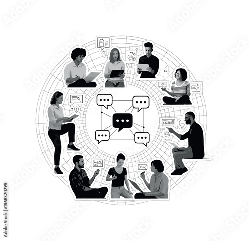 creative collaboration circular grids thin lines and abstract speech icons realistic black and white team of writers and designers sharing ideas in studio