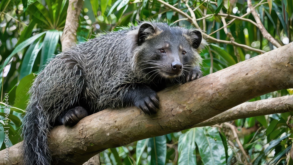 Fototapeta premium Binturong resting on tree limb, thick fur, tropical forest setting