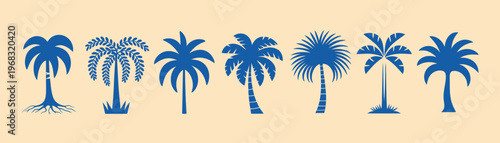 Vector graphic with a set of stylized palm trees presented in a minimal and cohesive vector style, ideal for tropical themes, seaside branding, holiday materials,