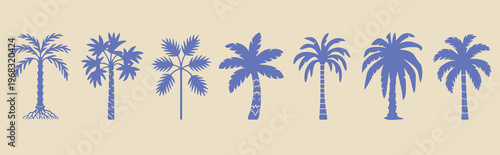 Vector graphic with a set of stylized palm trees, designed in a clean and modern illustration style, perfect for tropical, beach, or vacation-themed design projects, branding, posters,