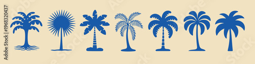 Vector graphic with a set of stylized palm trees featuring simplified shapes and balanced composition, created for tropical, beach, and vacation concepts, suitable for digital design, travel visuals, 