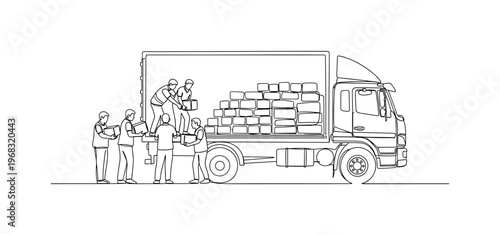 Relief Operations. Minimalistic one-line drawing truck delivering supplies to people, continuous single black line on white background, simple outline style,