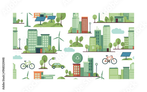 eco-metropolis motifs seamless pattern, repeating pattern, surface design, textile print, modern illustration of green cities, eco-buildings, solar panels,
