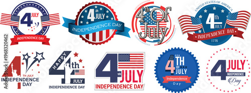 Set of 4th of July Independence Day badges and labels with USA flags, stars, and patriotic ribbons for American national holiday celebration.