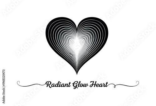 Radiant Glow Heart. lettering and all elements in black. Vector style. AWhite background. Pure white background. Perfect isolation and visual consistency.