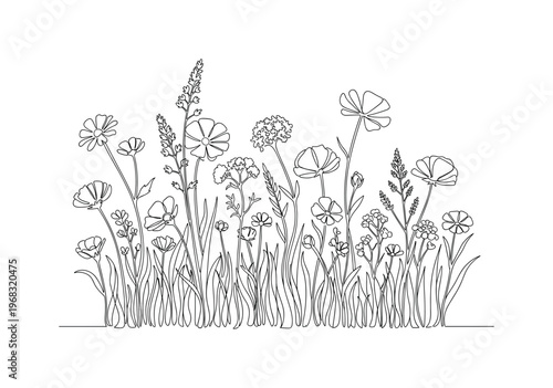 Field of Blooms. Minimalistic one-line drawing assortment of wildflowers growing closely together, continuous single black line on white background, simple