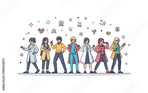 Group cosplay themed photo shoot concept where multiple cosplayers strike dynamic poses while tiny sparkle and line icons highlight teamwork, style, and