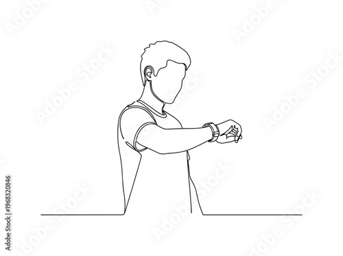 Step Count Check. Minimalistic one-line drawing person raising wrist to check steps and activity data, continuous single black line on white background, simple