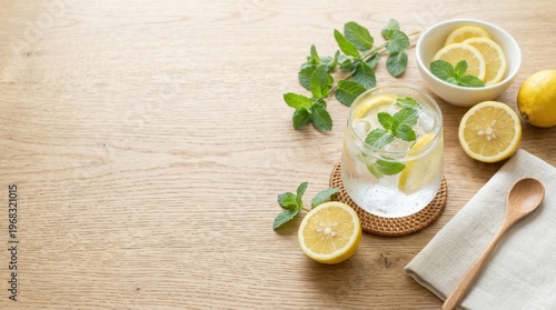 Refreshing lemonade with mint and ice on a wooden table, perfect for summer
