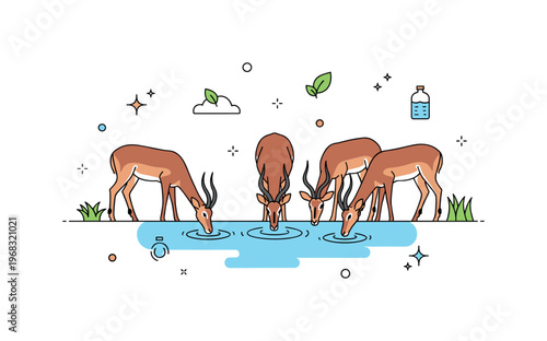 Impalas drinking at watering hole concept where impalas gather at water with small ripple effects while tiny sparkle and leaf icons highlight ecosystem
