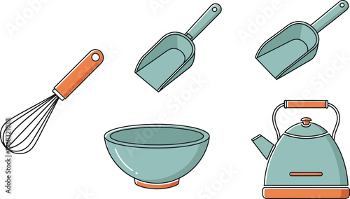 A collection of colorful kitchen utensils including a whisk, mixing bowl, scoops and a tea kettle